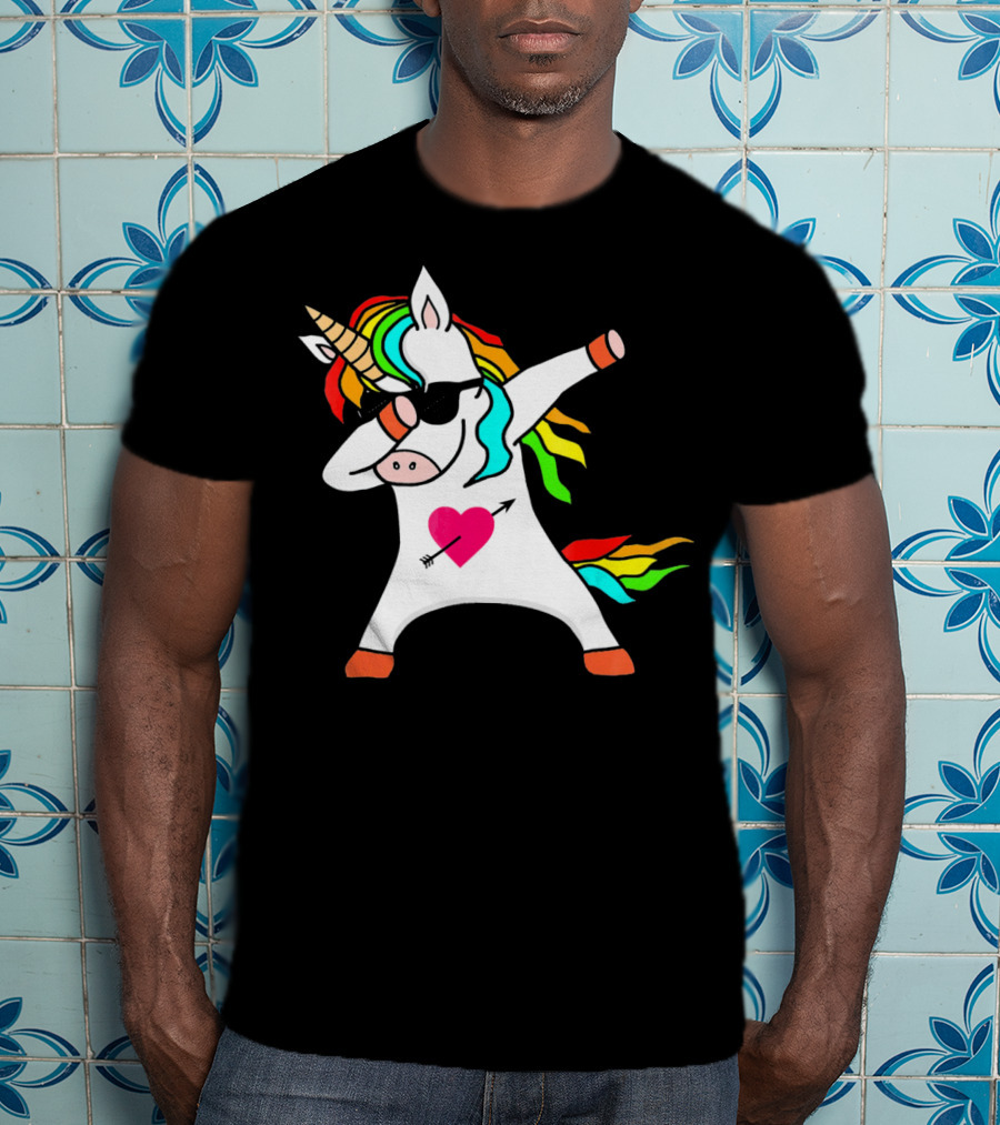 Funny Heart Valentines Day Dabbing Unicorn With Rainbow Mane And Sunglasses T-Shirt
