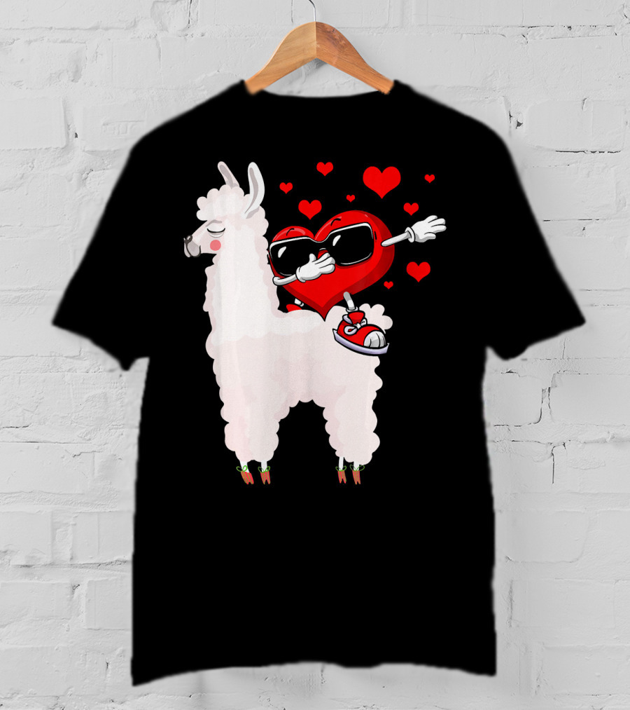 Funny Heart Dabbing On Llama Surrounded By Hearts Valentin T-Shirt