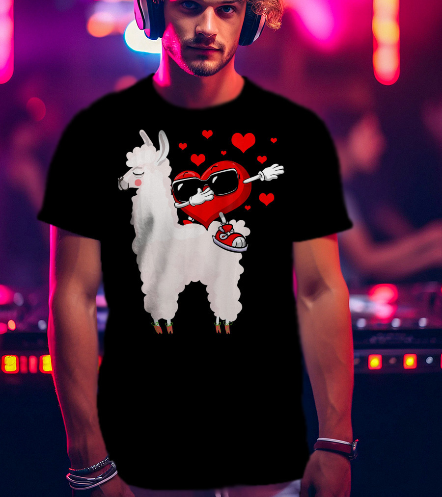 Funny Heart Dabbing On Llama Surrounded By Hearts Valentin T-Shirt