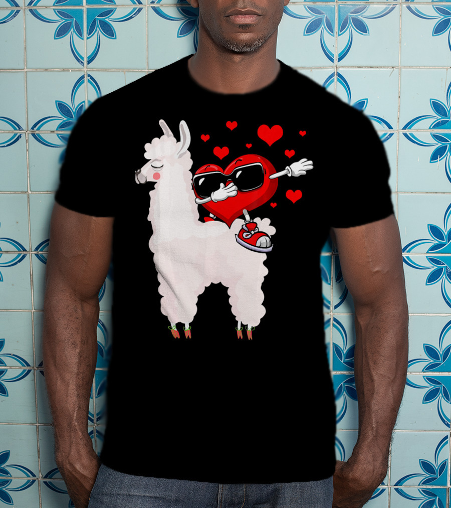 Funny Heart Dabbing On Llama Surrounded By Hearts Valentin T-Shirt