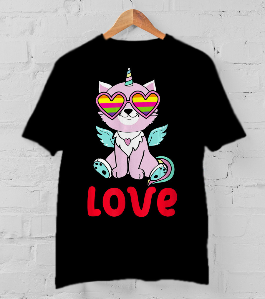 Valentines Day Love Heart Caticorn With Rainbow Sunglasses T-Shirt