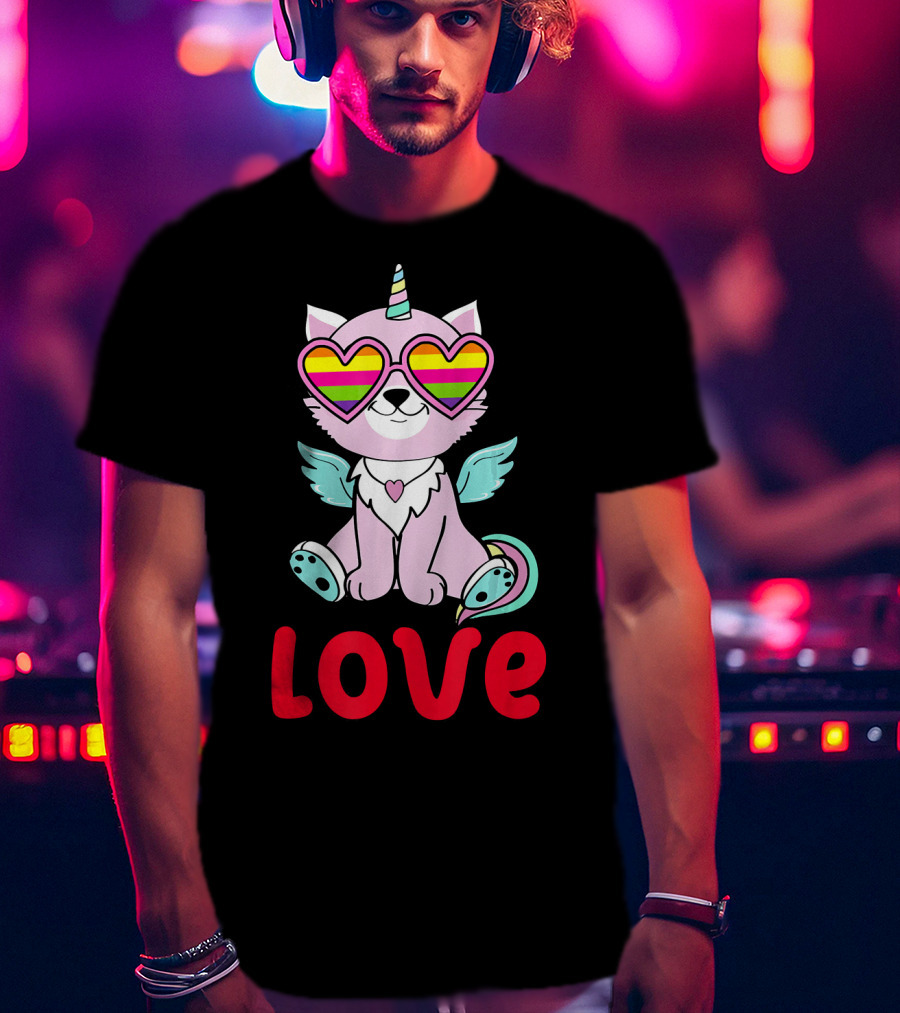 Valentines Day Love Heart Caticorn With Rainbow Sunglasses T-Shirt