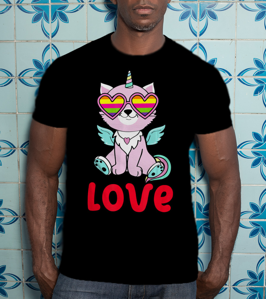 Valentines Day Love Heart Caticorn With Rainbow Sunglasses T-Shirt