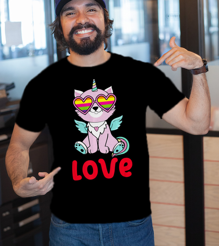 Valentines Day Love Heart Caticorn With Rainbow Sunglasses T-Shirt