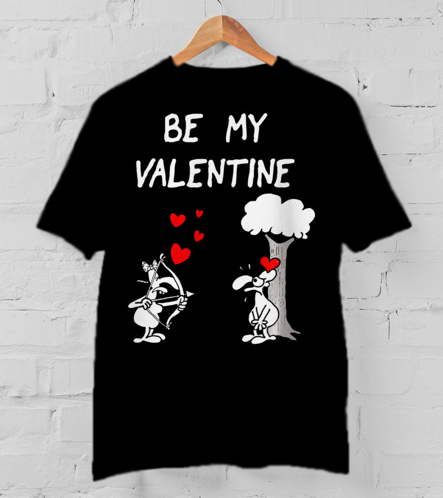 BE MY VALENTINE Funny Valentines Day Cupid Cartoon Hearts Tree T-Shirt