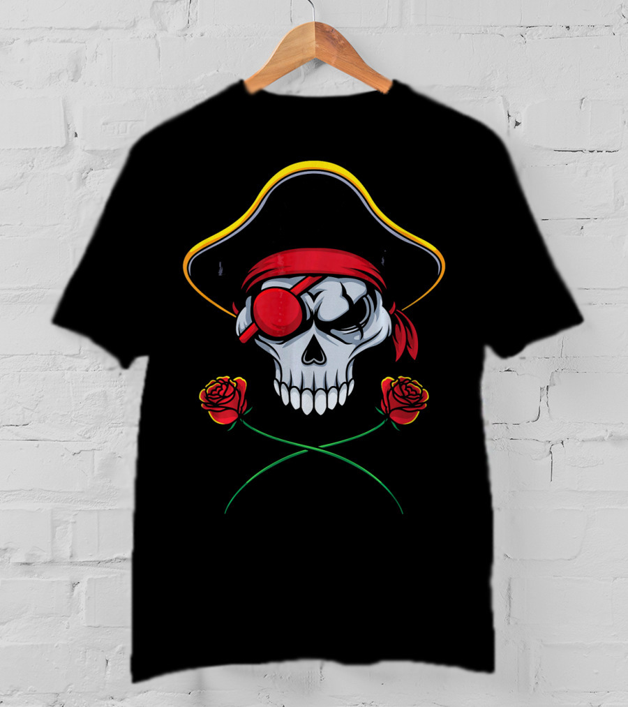 Funny Valentines Day Pirate Skull Roses Eyepatch Bandana T-Shirt