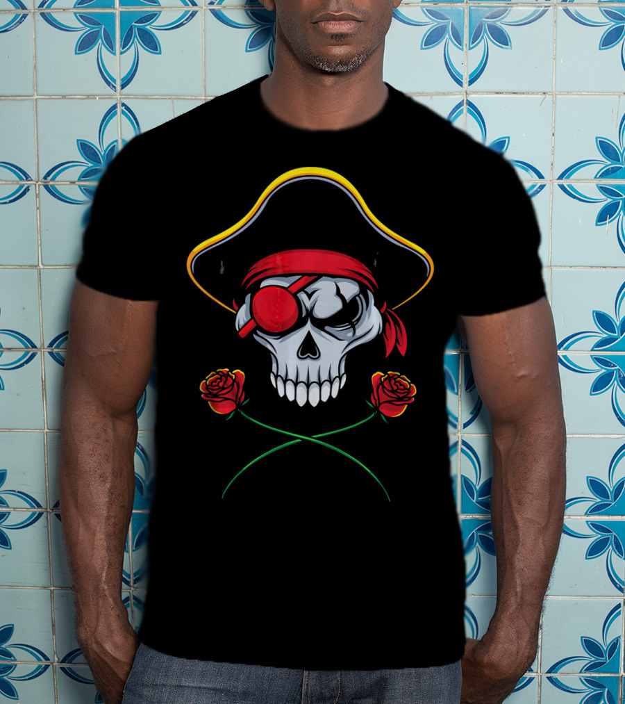 Funny Valentines Day Pirate Skull Roses Eyepatch Bandana T-Shirt