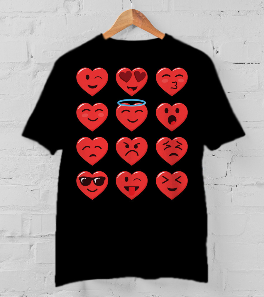 Funny Valentines Day Heart Emojico Winking Heart Eyes Angel Sunglasses Tongue Out T-Shirt