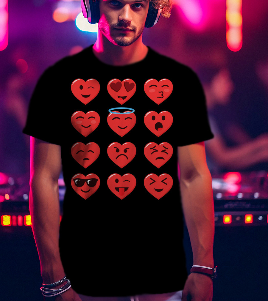 Funny Valentines Day Heart Emojico Winking Heart Eyes Angel Sunglasses Tongue Out T-Shirt