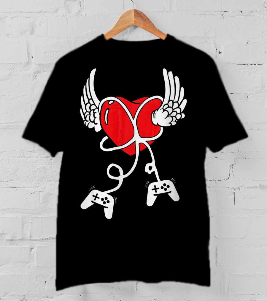 Valentines Day Heart With Wings And Video Gamer Controllers T-Shirt