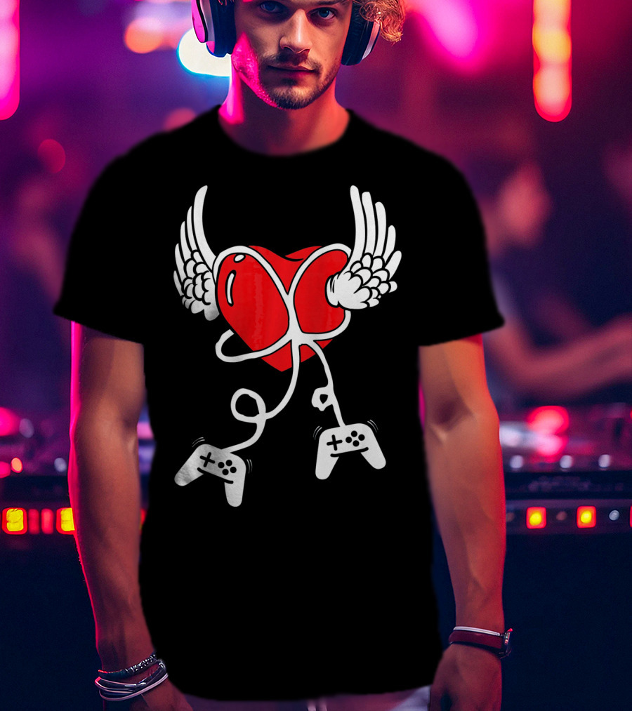 Valentines Day Heart With Wings And Video Gamer Controllers T-Shirt