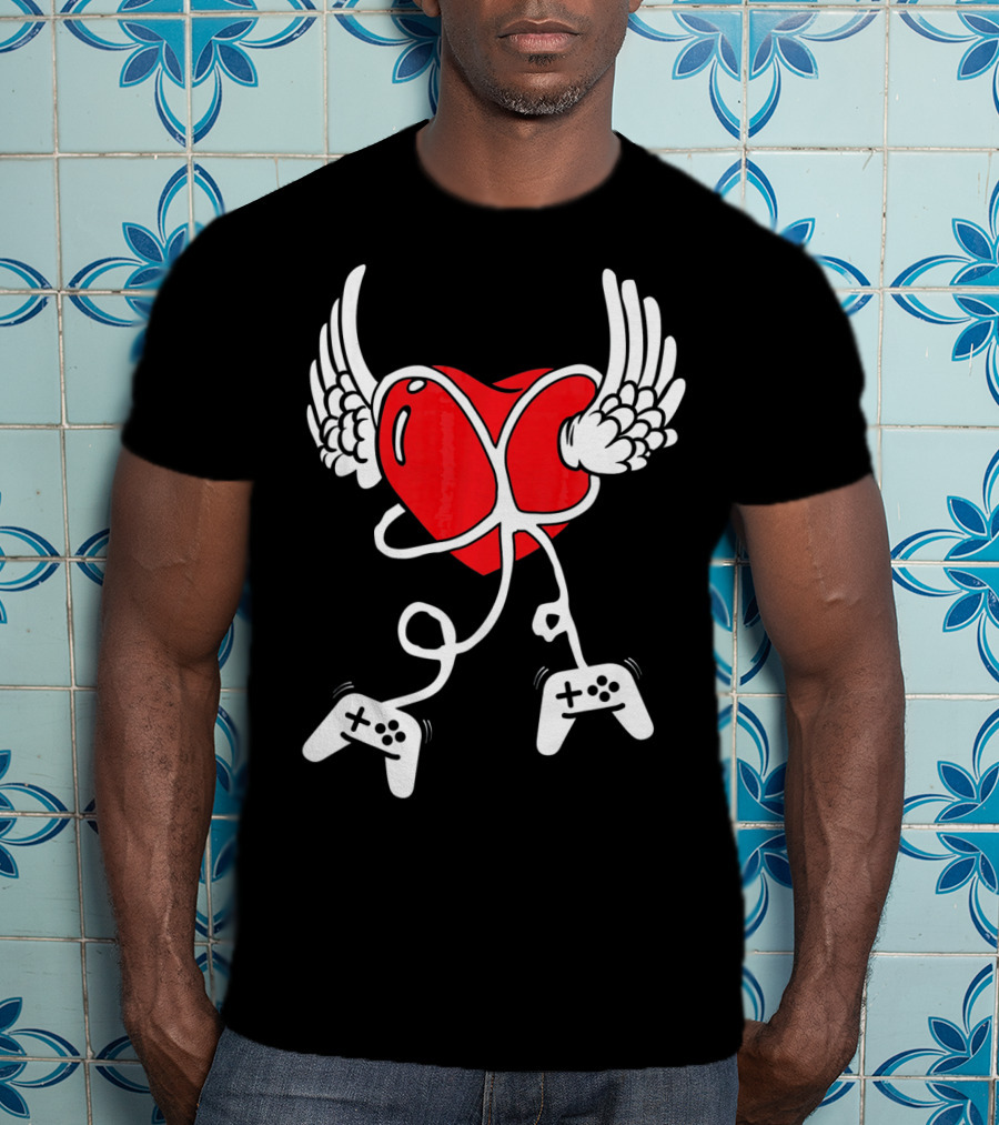 Valentines Day Heart With Wings And Video Gamer Controllers T-Shirt
