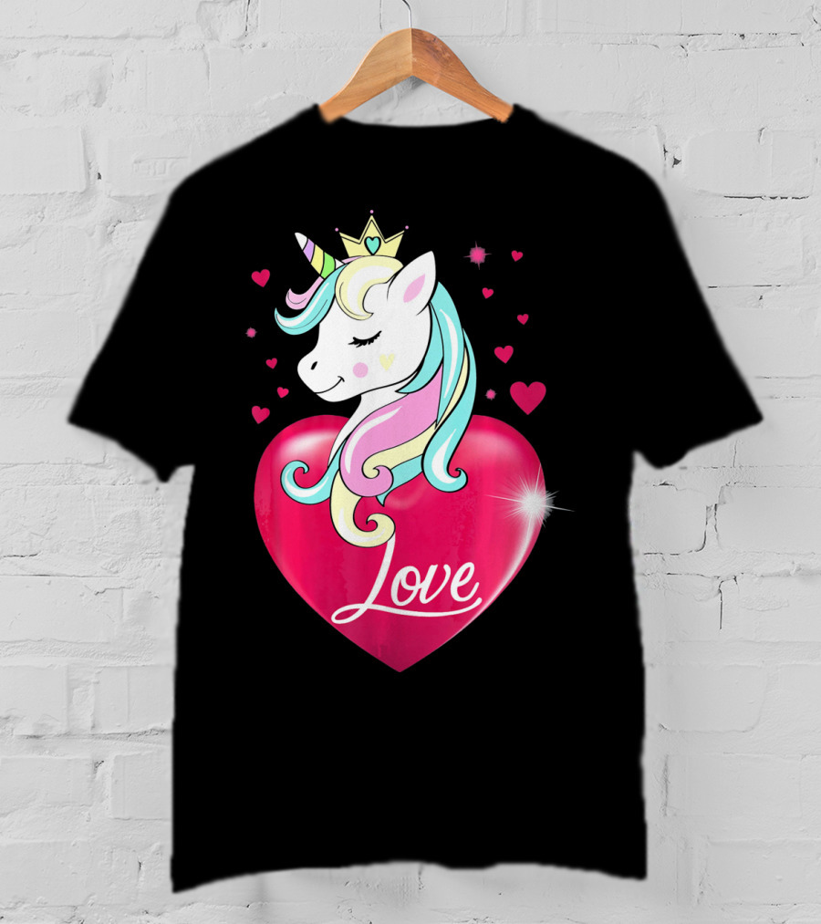 Love Heart Unicorn With Crown And Hearts Valentine's Day T-Shirt