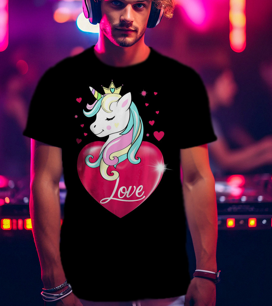 Love Heart Unicorn With Crown And Hearts Valentine's Day T-Shirt