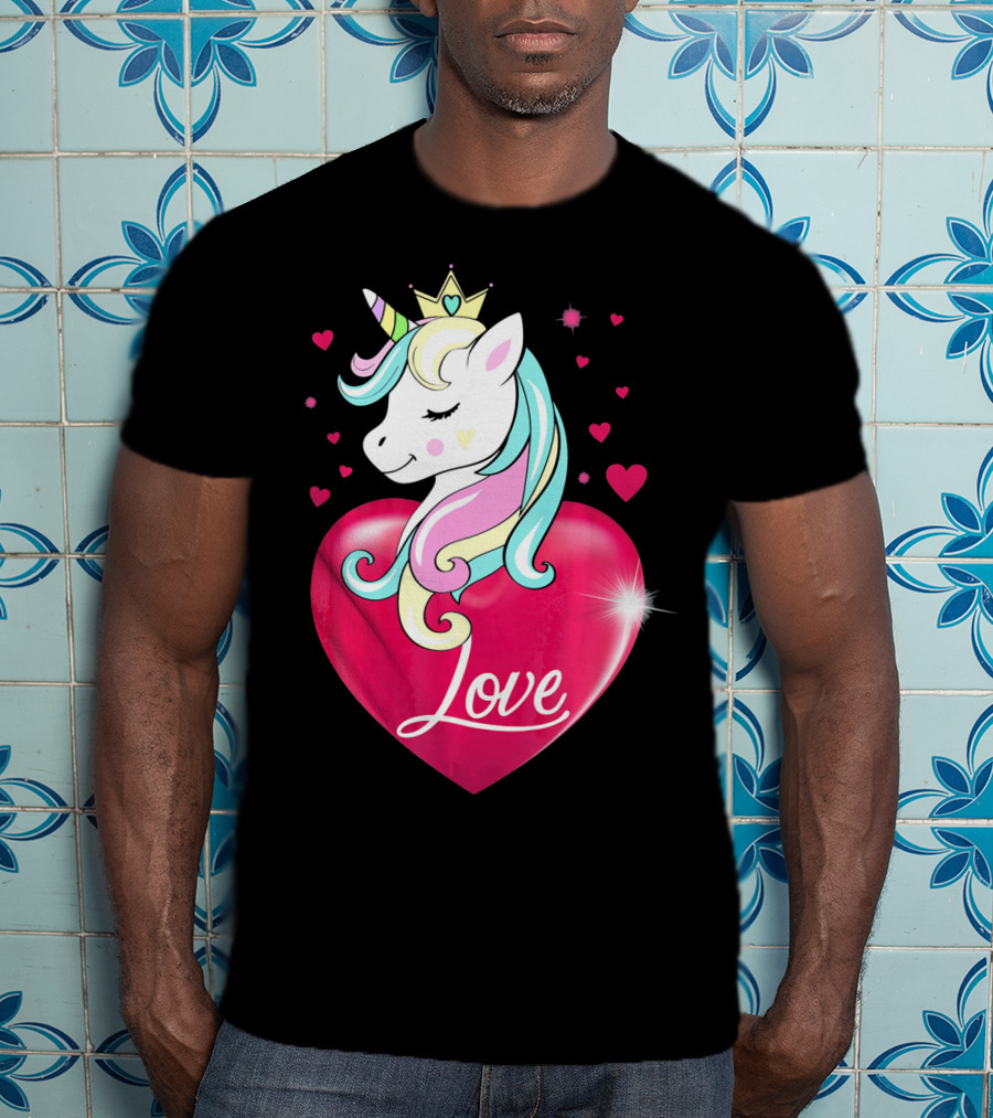 Love Heart Unicorn With Crown And Hearts Valentine's Day T-Shirt