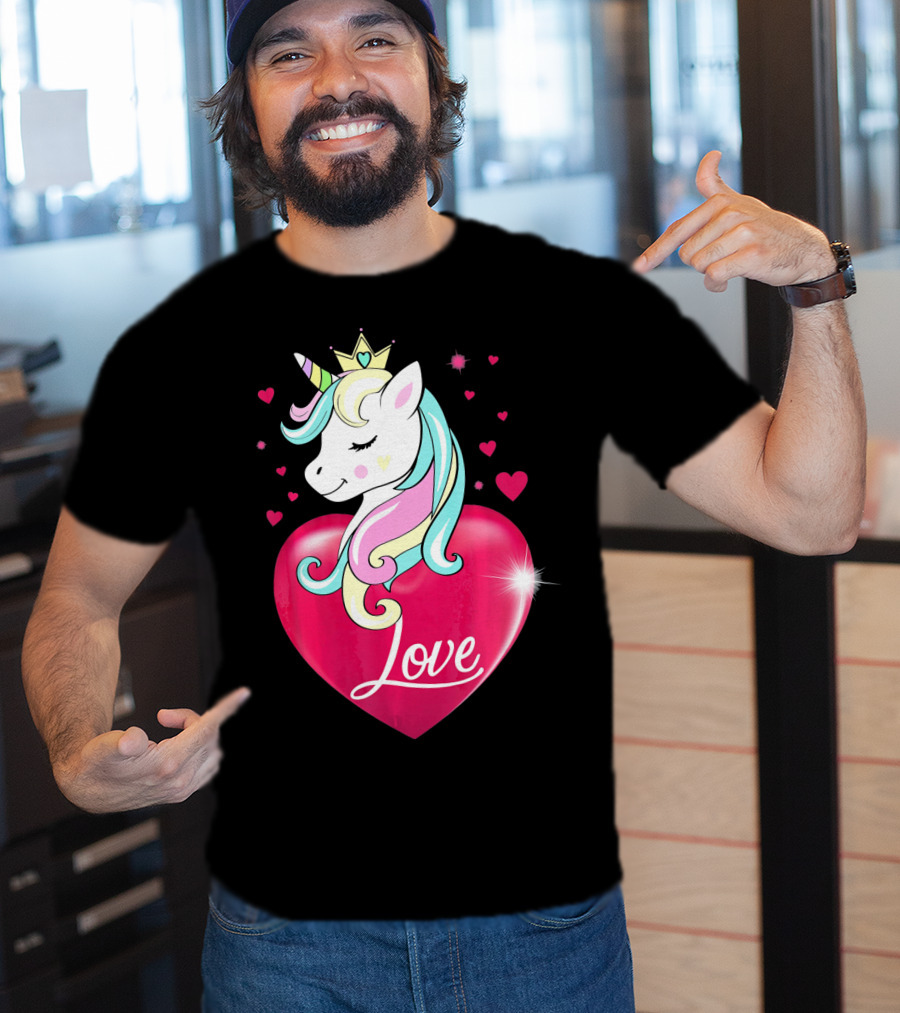 Love Heart Unicorn With Crown And Hearts Valentine's Day T-Shirt