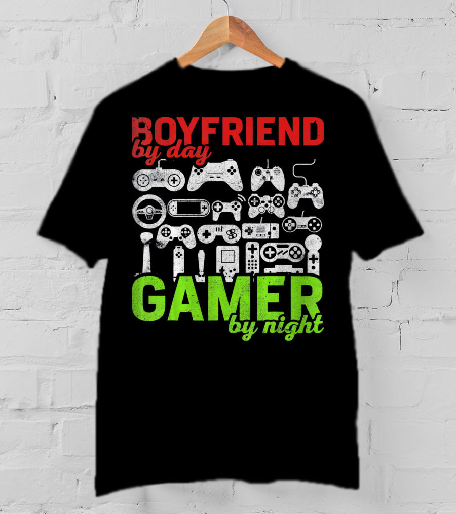 Boyfriend By Day Gamer By Night Valentines Day Gamer Controllers T-Shirt
