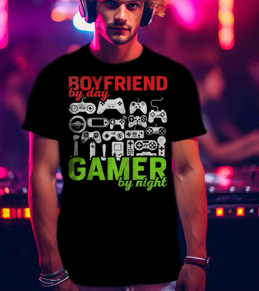 Boyfriend By Day Gamer By Night Valentines Day Gamer Controllers T-Shirt