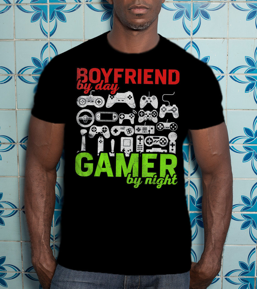 Boyfriend By Day Gamer By Night Valentines Day Gamer Controllers T-Shirt