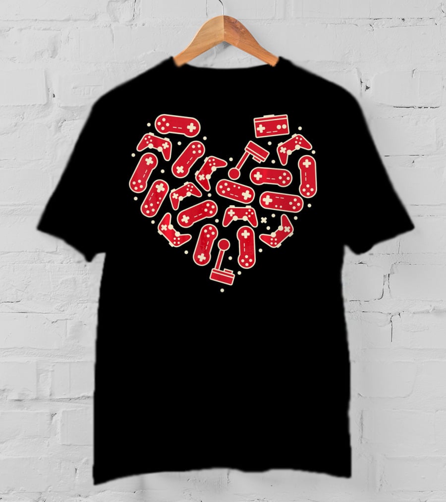 Gamer Valentines Day Couple Heart With Gaming Controllers And Joysticks T-Shirt