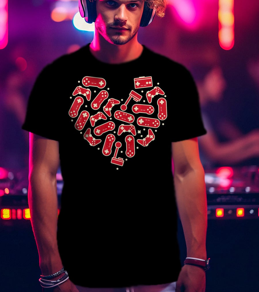 Gamer Valentines Day Couple Heart With Gaming Controllers And Joysticks T-Shirt