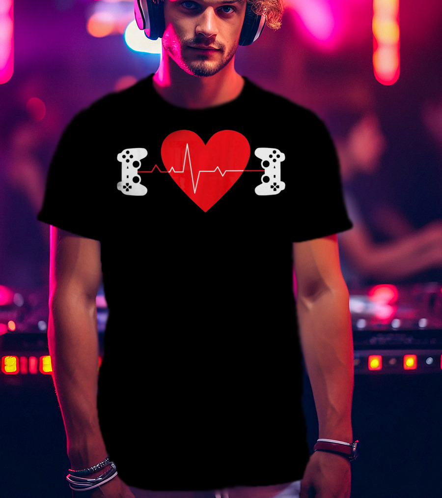 Gaming Valentine Hear Gamer Couple Controller Heartbeat T-Shirt