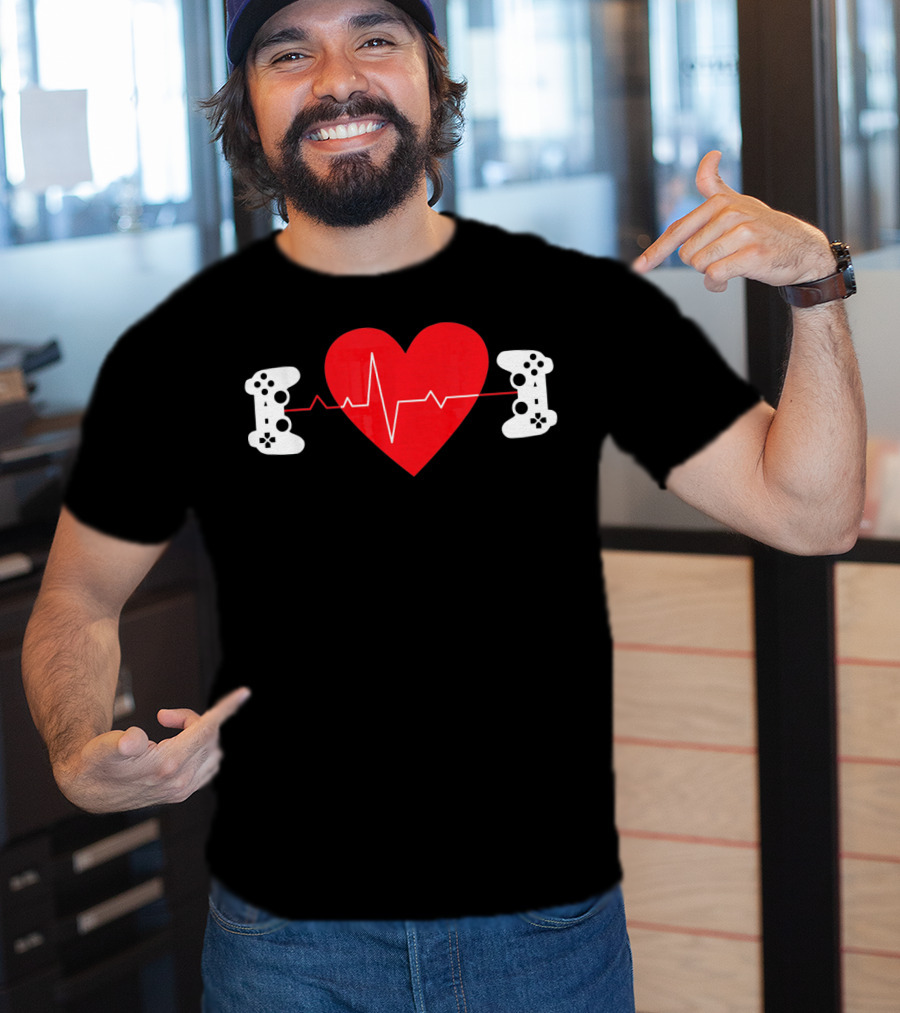 Gaming Valentine Hear Gamer Couple Controller Heartbeat T-Shirt