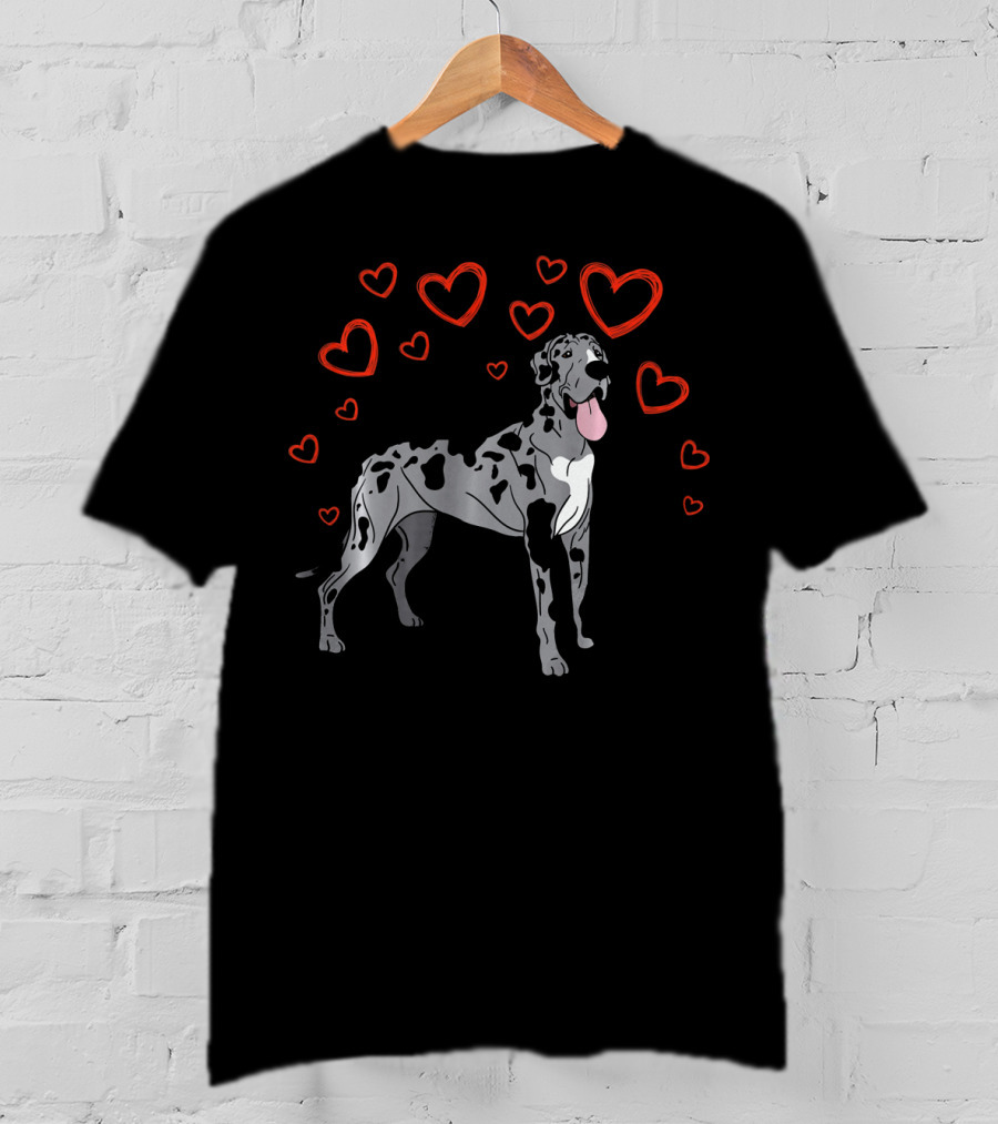 Great Dane Surrounded By Red Hearts Valentine Love T-Shirt