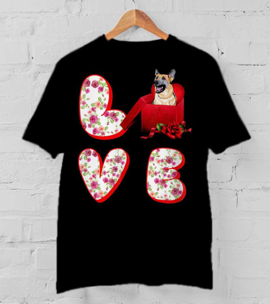 Valentine Love With German Shepherd In Floral Heart T-Shirt