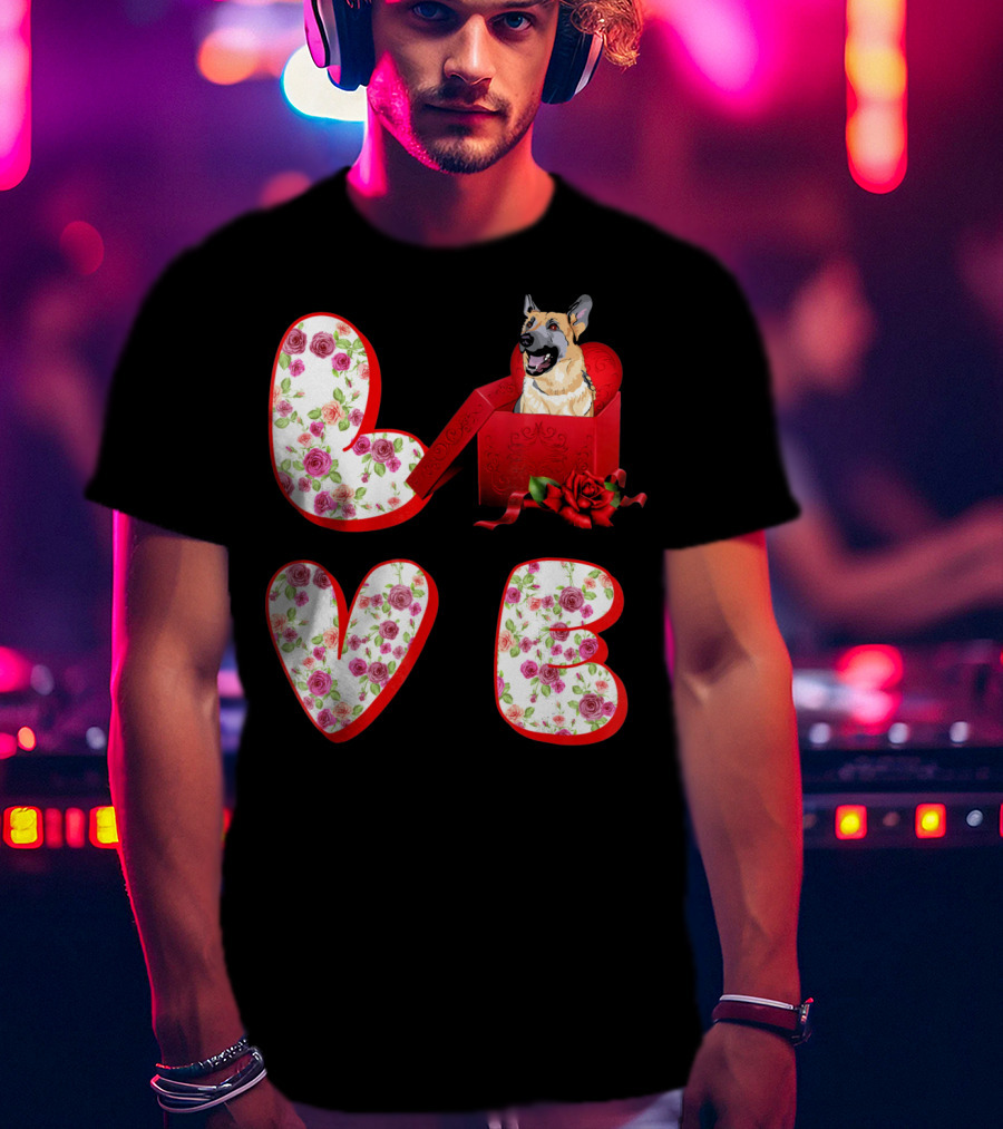 Valentine Love With German Shepherd In Floral Heart T-Shirt