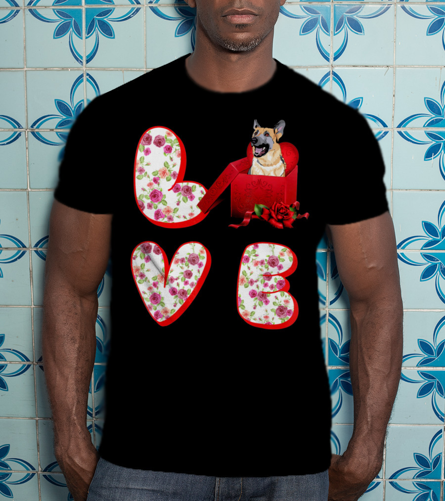Valentine Love With German Shepherd In Floral Heart T-Shirt