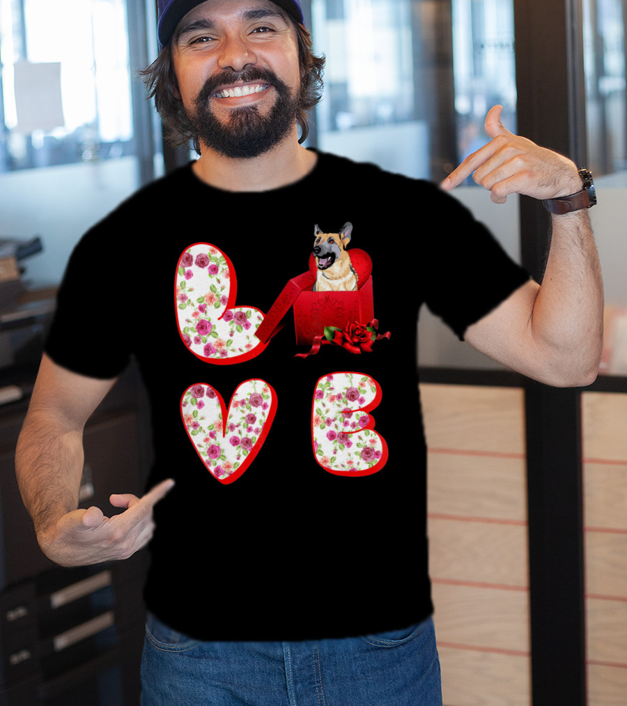 Valentine Love With German Shepherd In Floral Heart T-Shirt