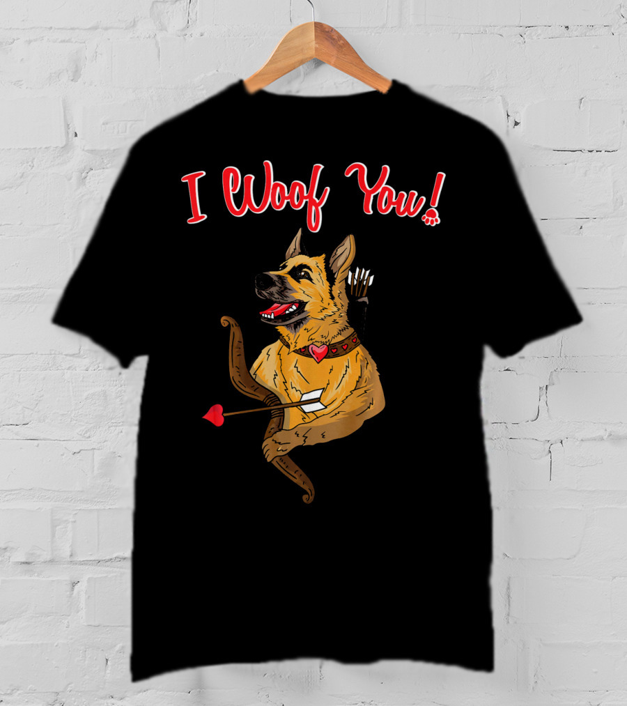I Woof You German Shepherd Cupid With Heart Arrow Bow T-Shirt