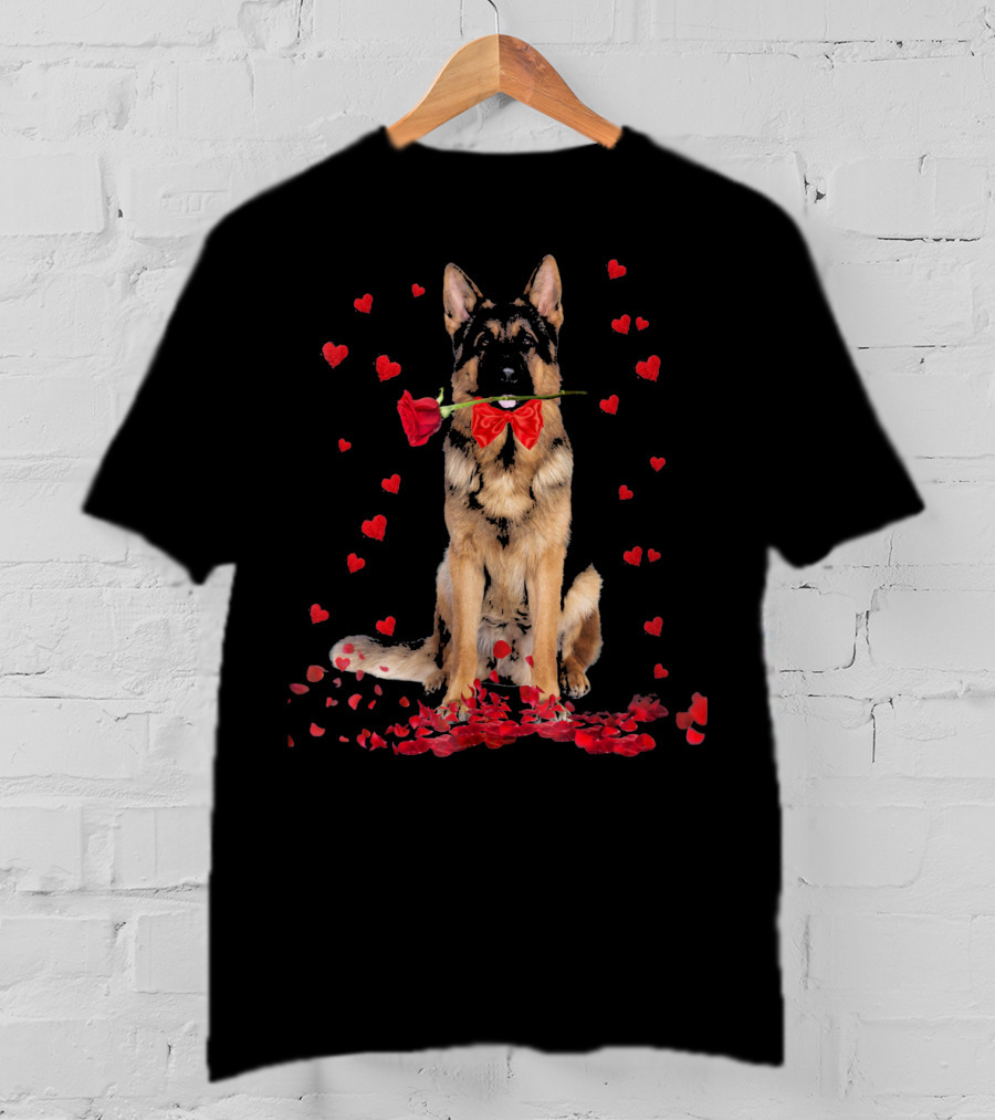 German Shepherd With Rose And Hearts Valentine's Day T-Shirt
