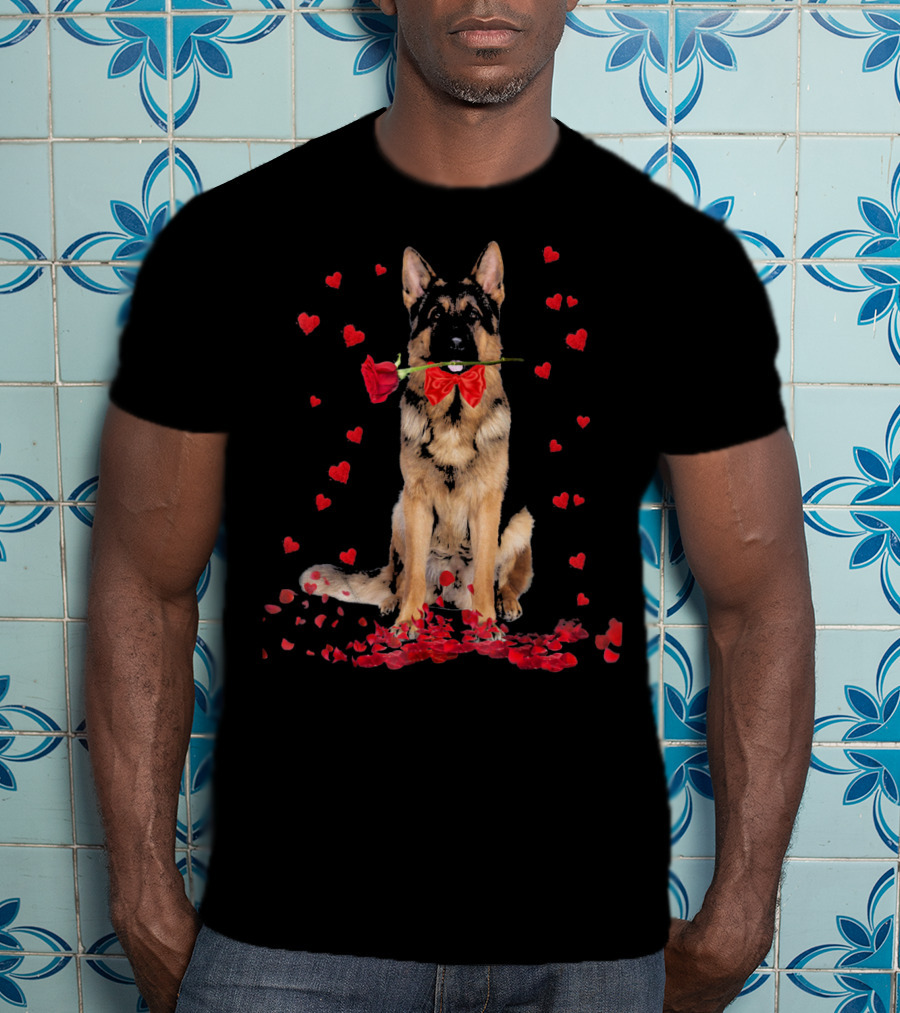 German Shepherd With Rose And Hearts Valentine's Day T-Shirt