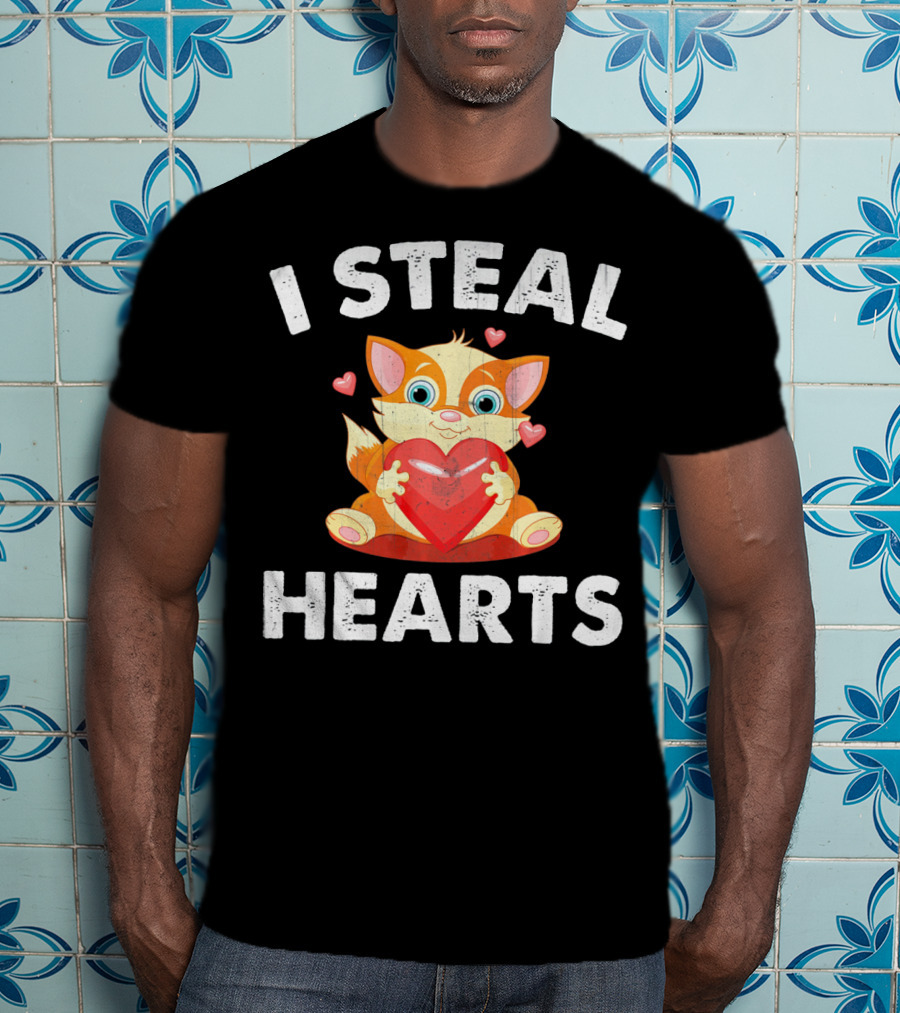 I Steal Hearts Kids Kitty Valentines Day T-Shirt