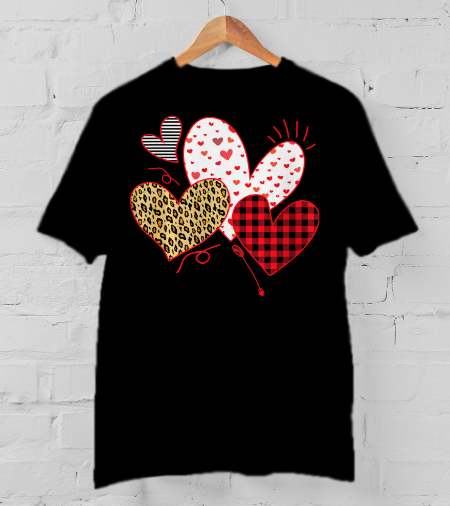 Girls Valentines Day Love Hearts Leopard Plaid T-Shirt