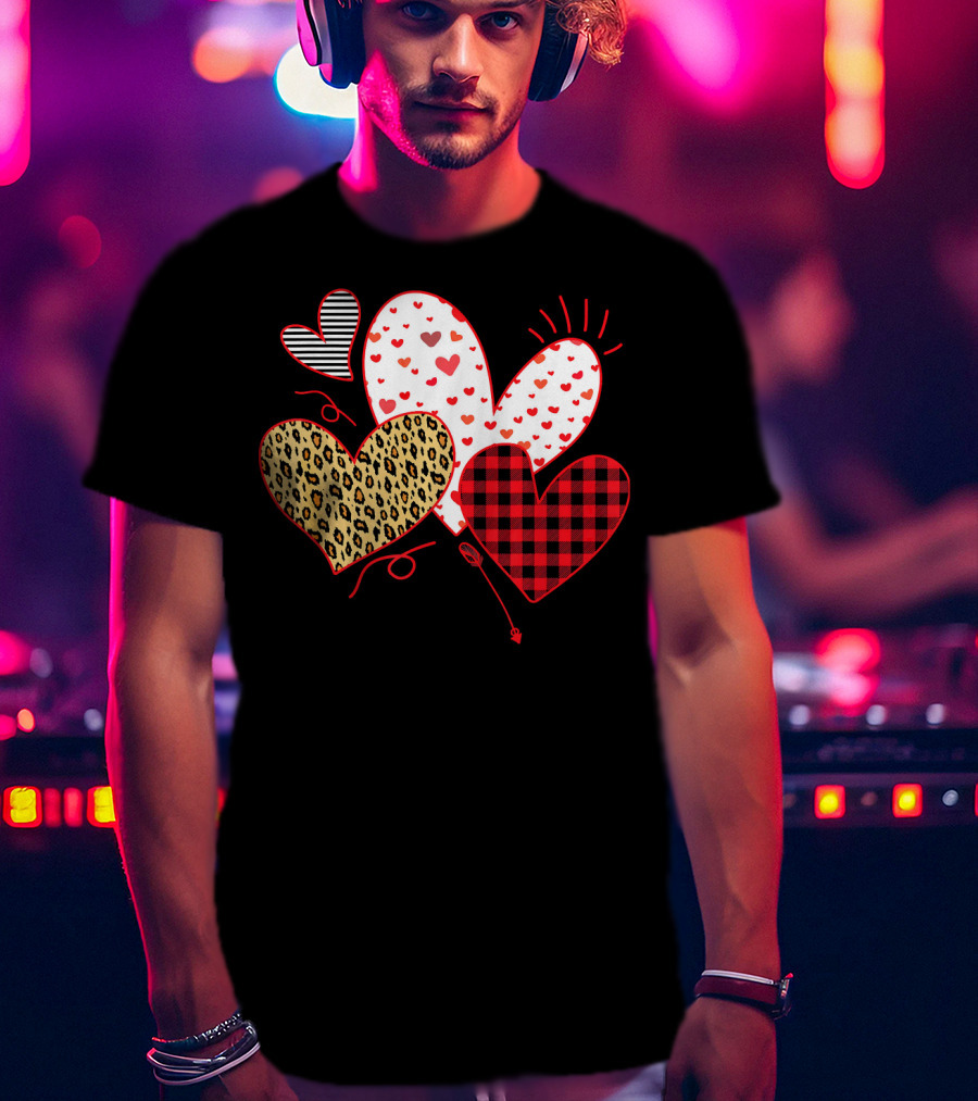 Girls Valentines Day Love Hearts Leopard Plaid T-Shirt