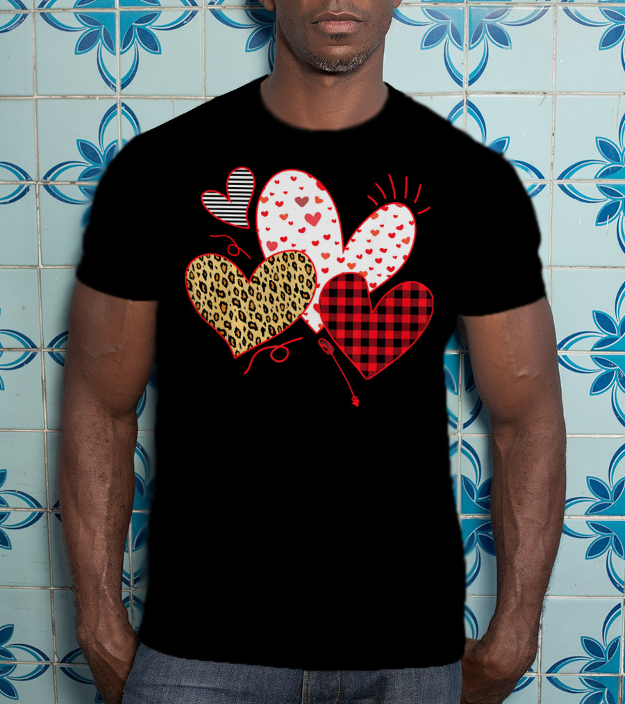 Girls Valentines Day Love Hearts Leopard Plaid T-Shirt