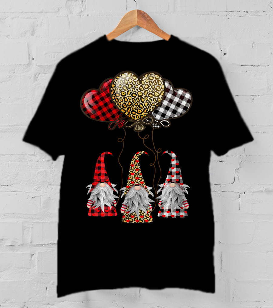 Gnomes Holding Heart Balloons With Buffalo Plaid And Leopard Print T-Shirt