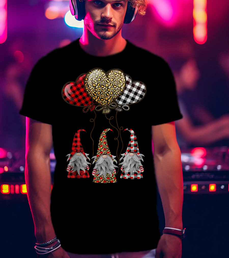 Gnomes Holding Heart Balloons With Buffalo Plaid And Leopard Print T-Shirt