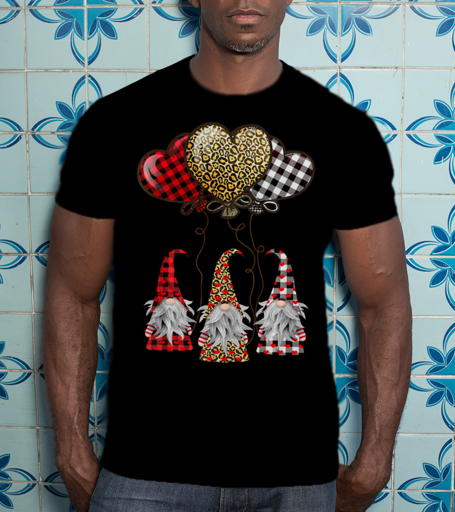 Gnomes Holding Heart Balloons With Buffalo Plaid And Leopard Print T-Shirt