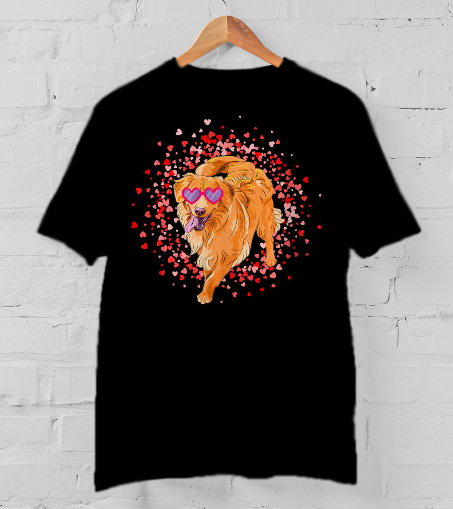 Golden Retriever With Heart Glasses Surrounded By Valentine's Day Hearts T-Shirt