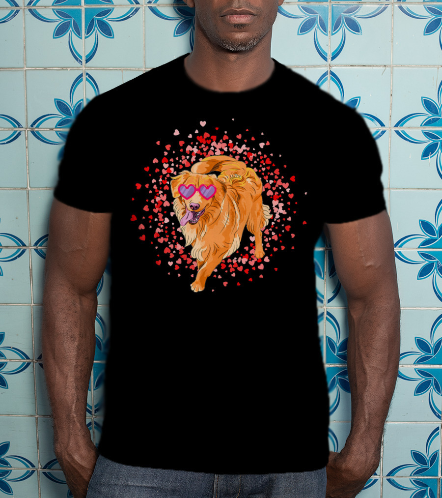 Golden Retriever With Heart Glasses Surrounded By Valentine's Day Hearts T-Shirt