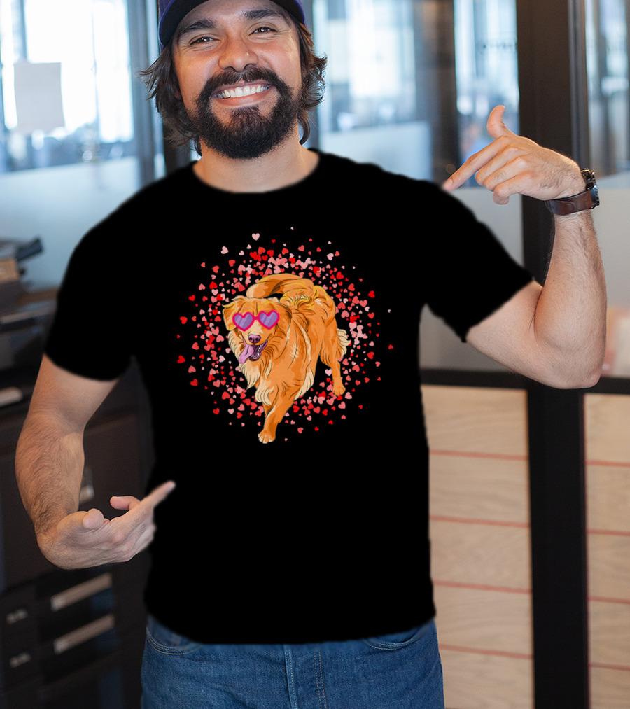 Golden Retriever With Heart Glasses Surrounded By Valentine's Day Hearts T-Shirt