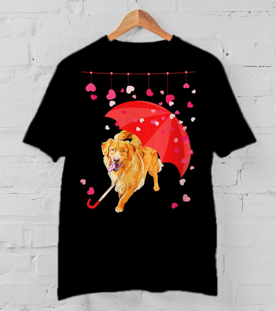 Golden Retriever With Umbrella And Falling Hearts Valentin T-Shirt