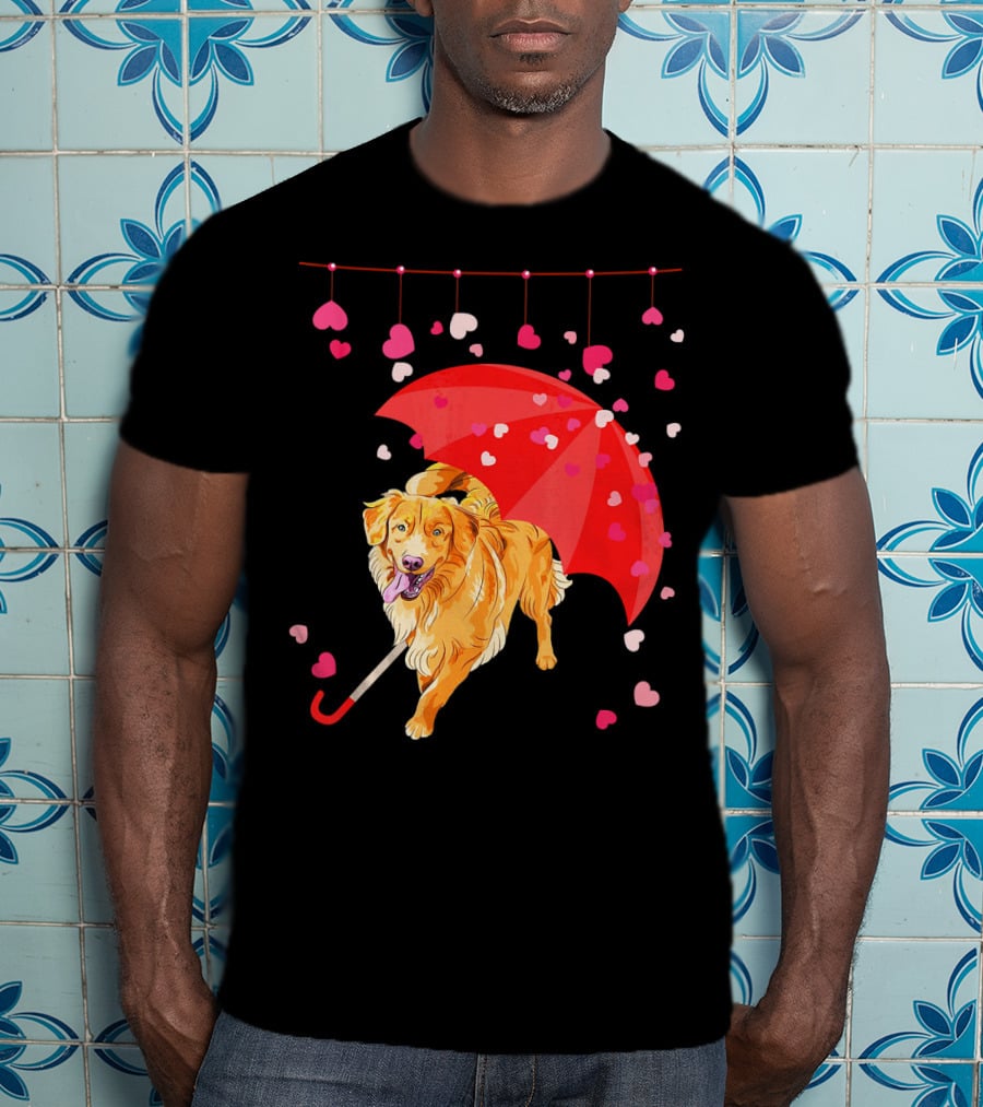 Golden Retriever With Umbrella And Falling Hearts Valentin T-Shirt