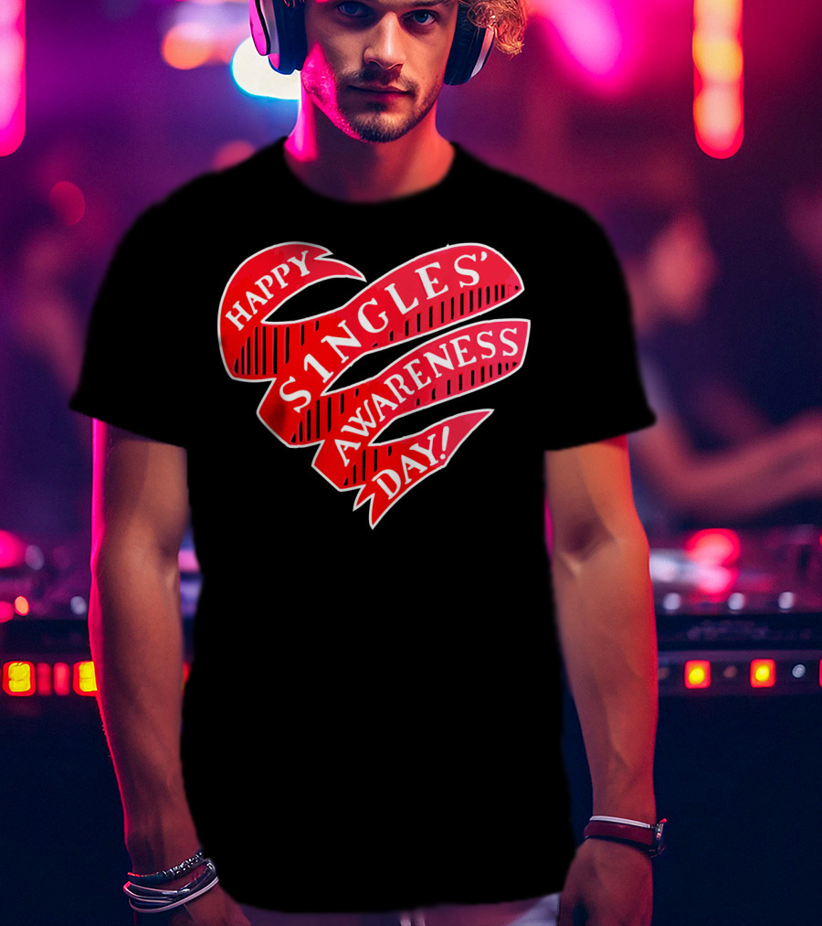 Happy Singles Awareness Day Red Ribbon Heart T-Shirt