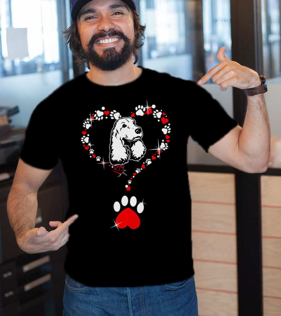 Happy Valentine Cocker Spaniel Dog Heart Paw Prints T-Shirt