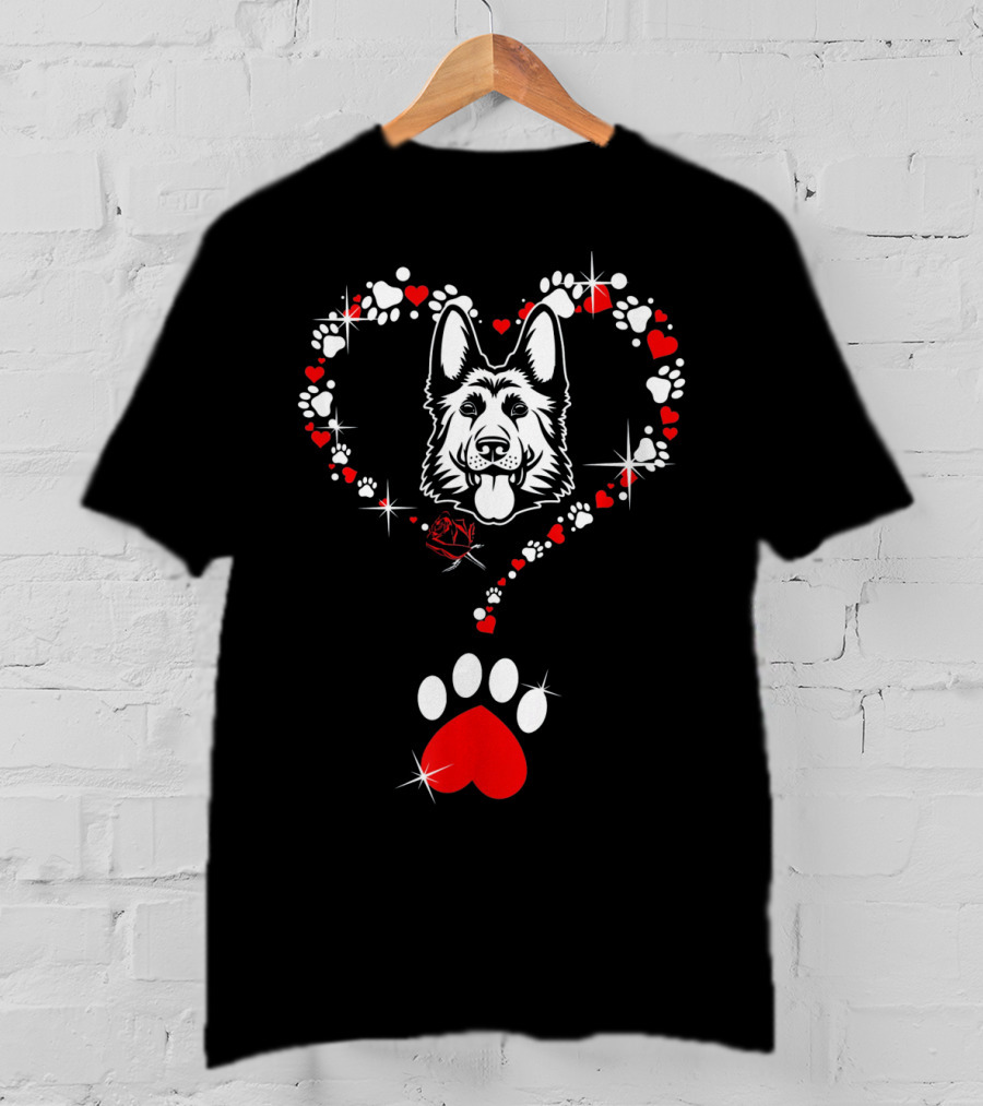 Happy Valentine German Shepherd Dog Heart Paw Prints T-Shirt